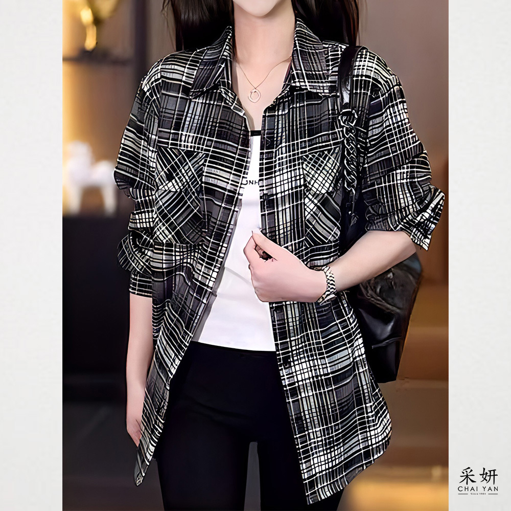 復古黑白格紋長袖襯衫外套