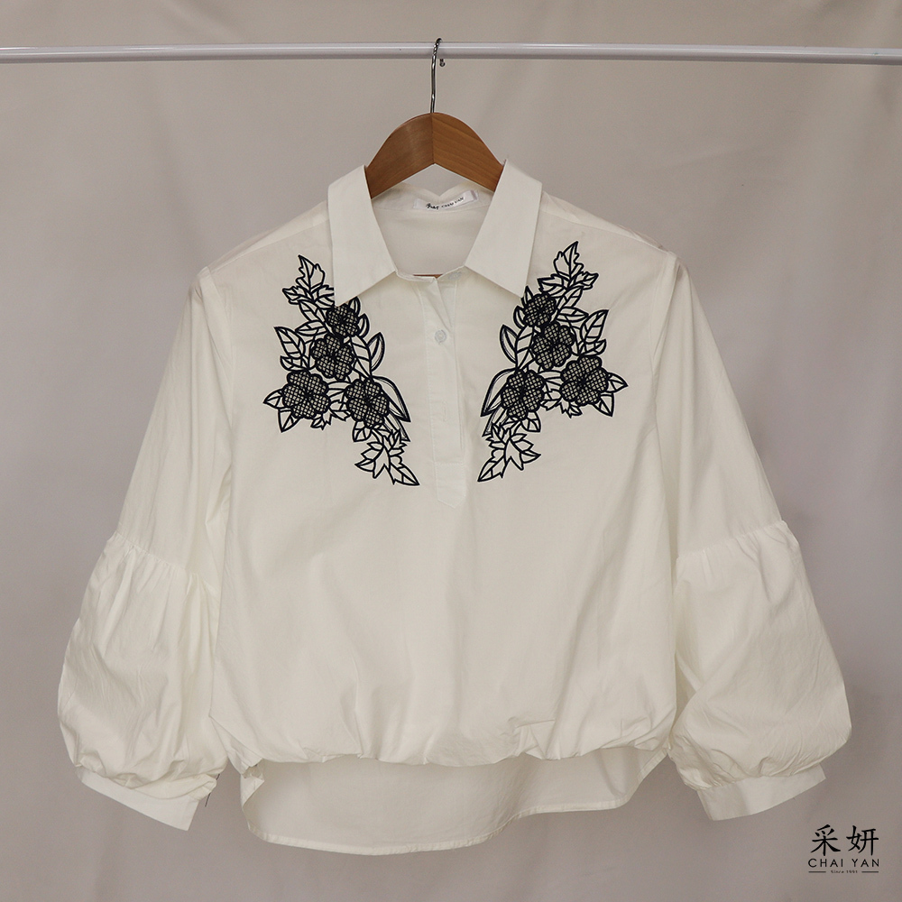 植物刺繡POLO領長寬袖上衣