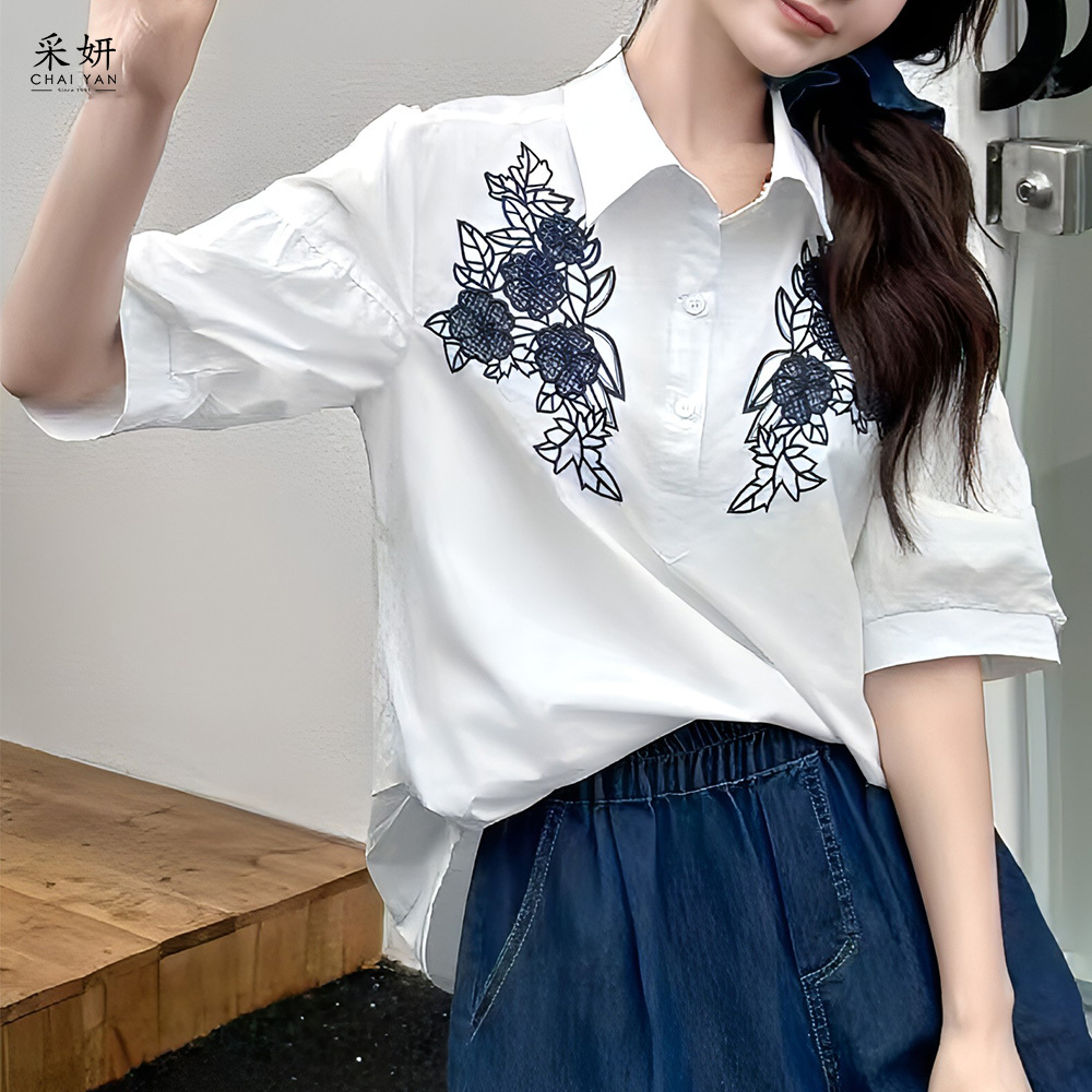 植物刺繡POLO領長寬袖上衣