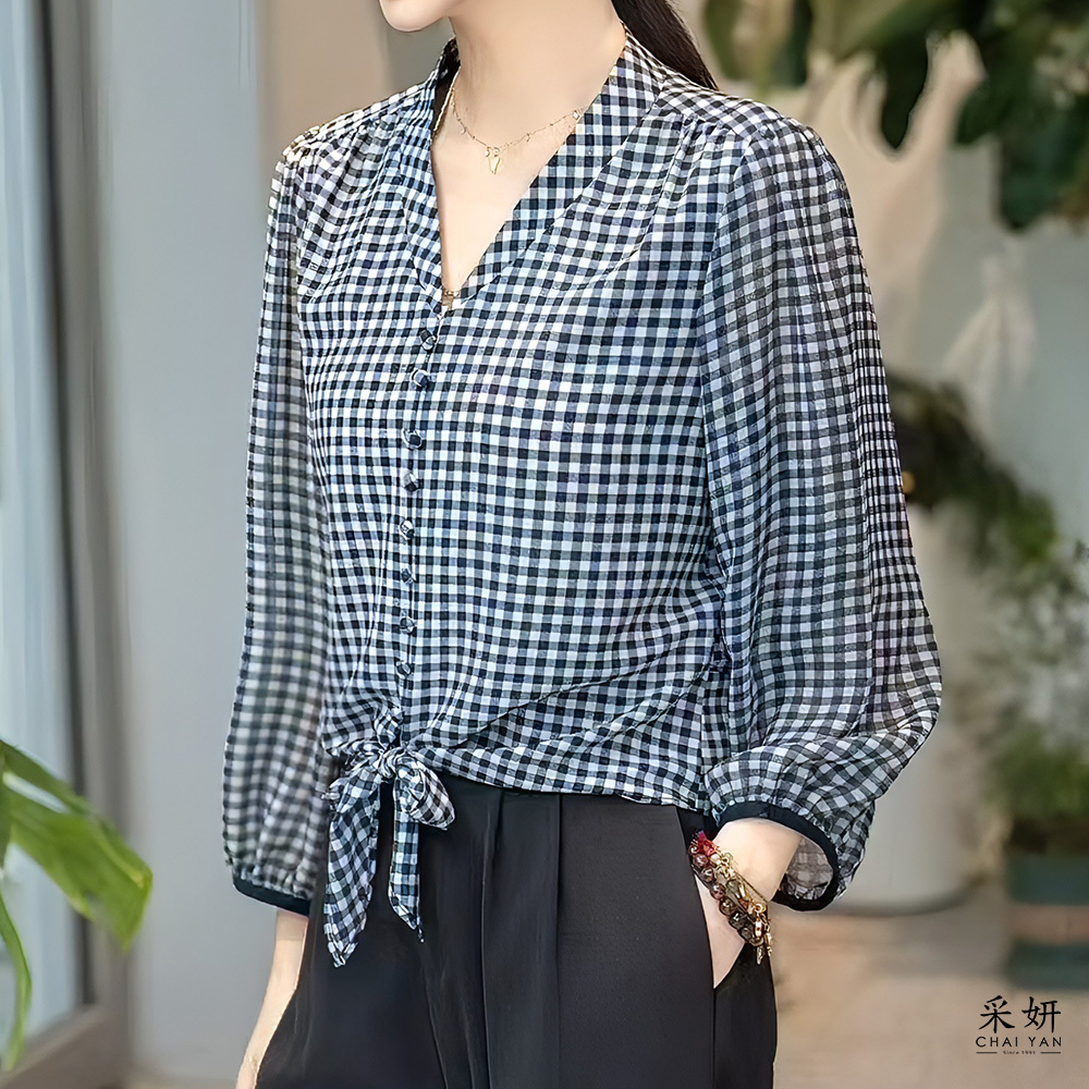 棋盤黑白格紋雪紡V領薄紗長袖上衣