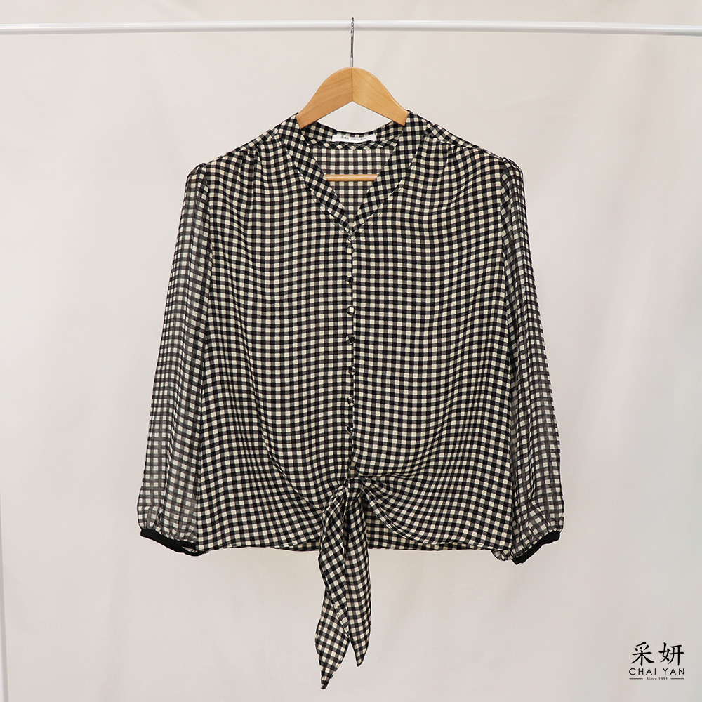 棋盤黑白格紋雪紡V領薄紗長袖上衣