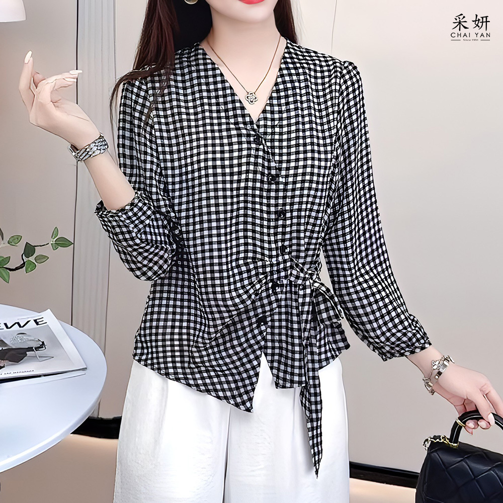 棋盤格紋綁帶雪紡V領開襟長袖上衣