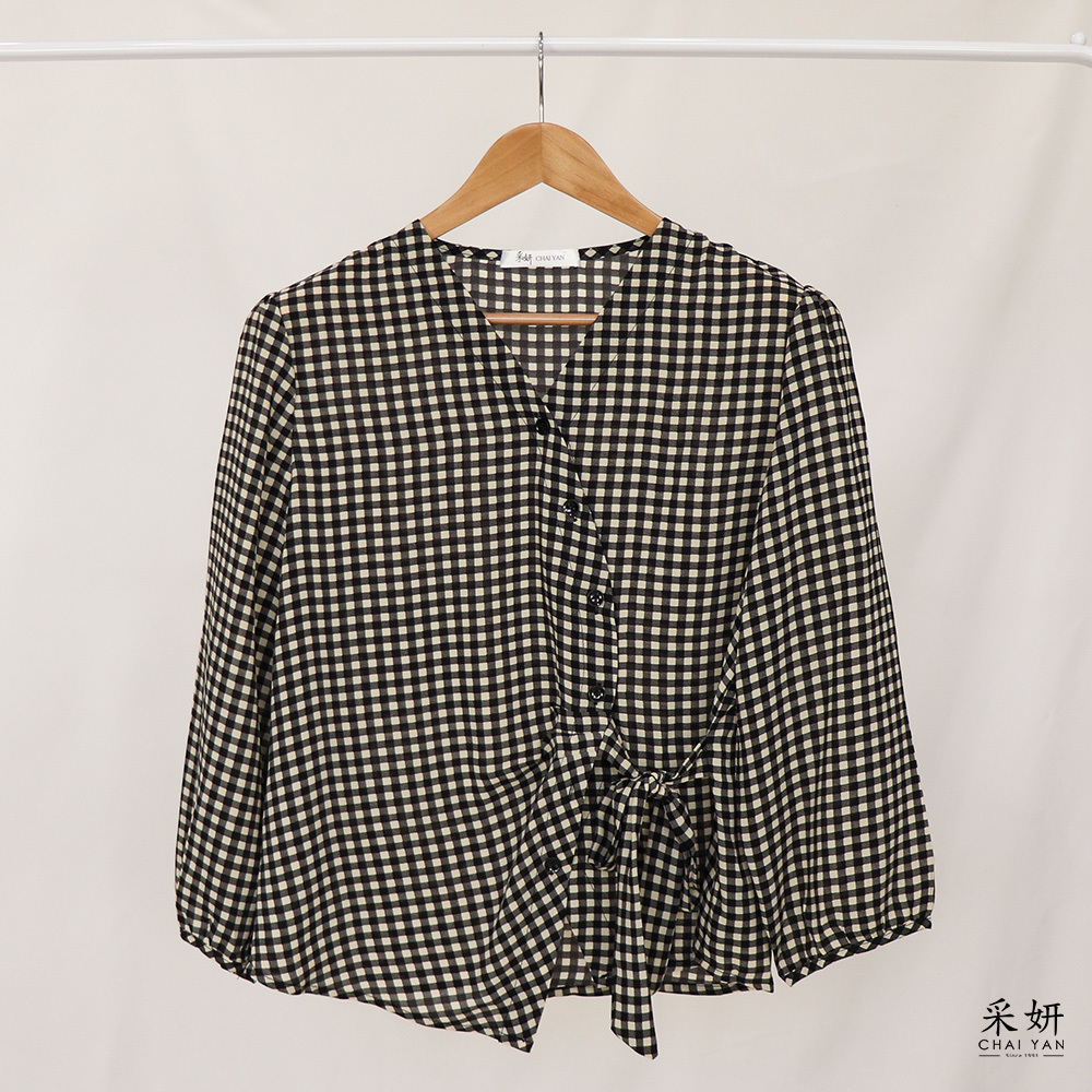 棋盤格紋綁帶雪紡V領開襟長袖上衣