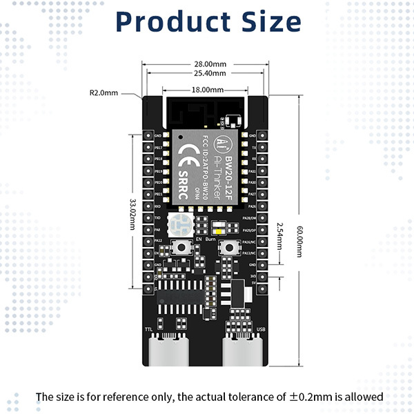 Ameba,BW20-12F,typeC,RTL8720DN,開發板,尺寸規格