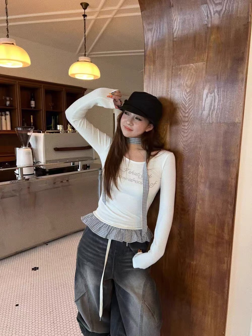 格紋荷葉綁帶 長袖上衣