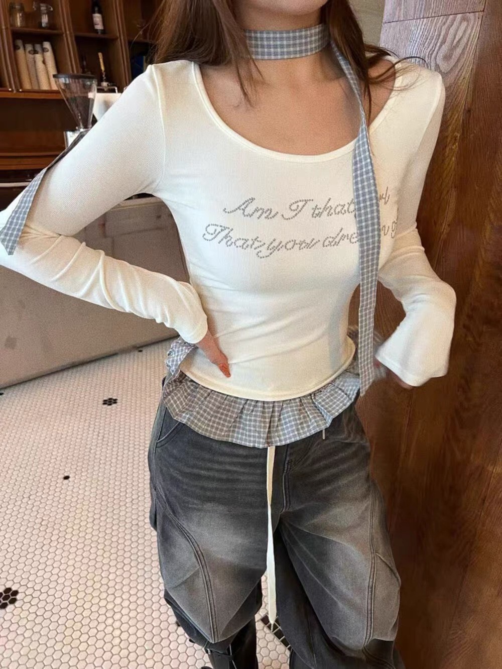 格紋荷葉綁帶 長袖上衣