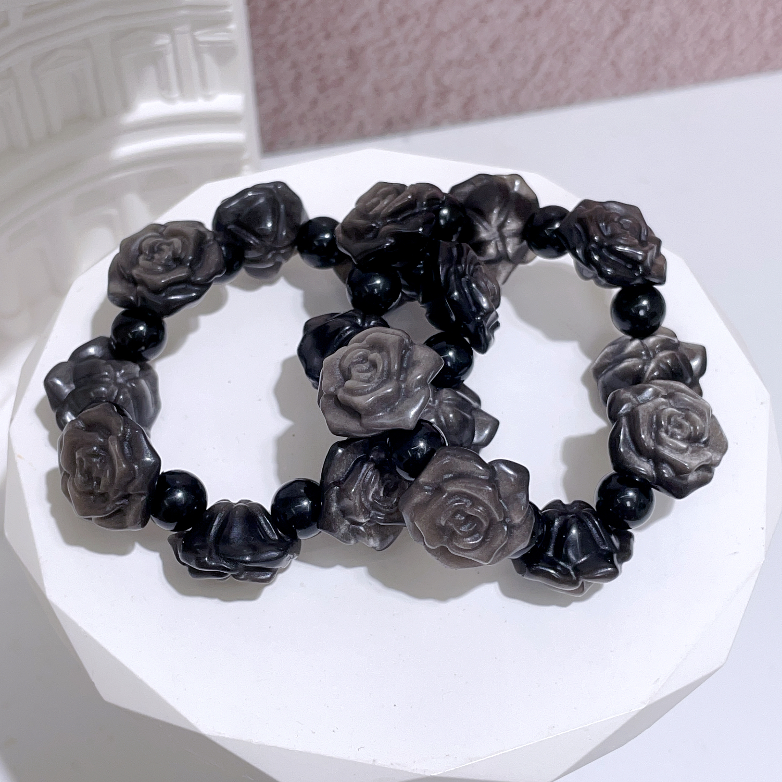 銀曜石玫瑰花手串 18mm