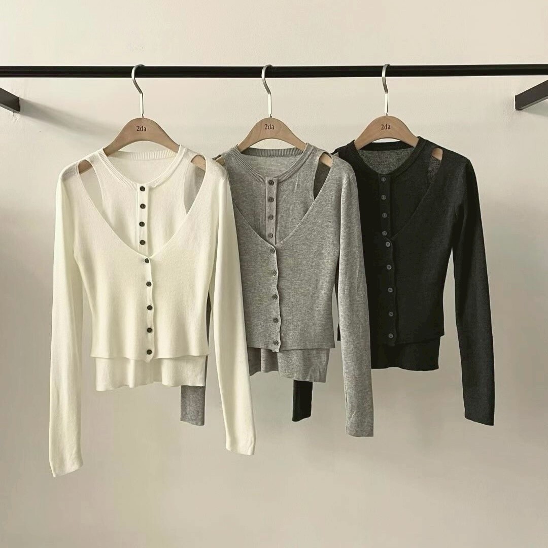 微露肩假2件針織上衣