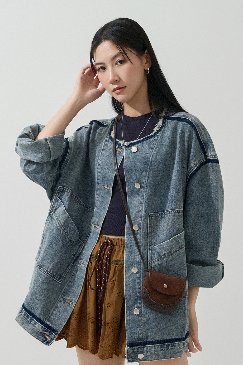 原牛仔色邊圓領牛仔褸  (現貨款式）