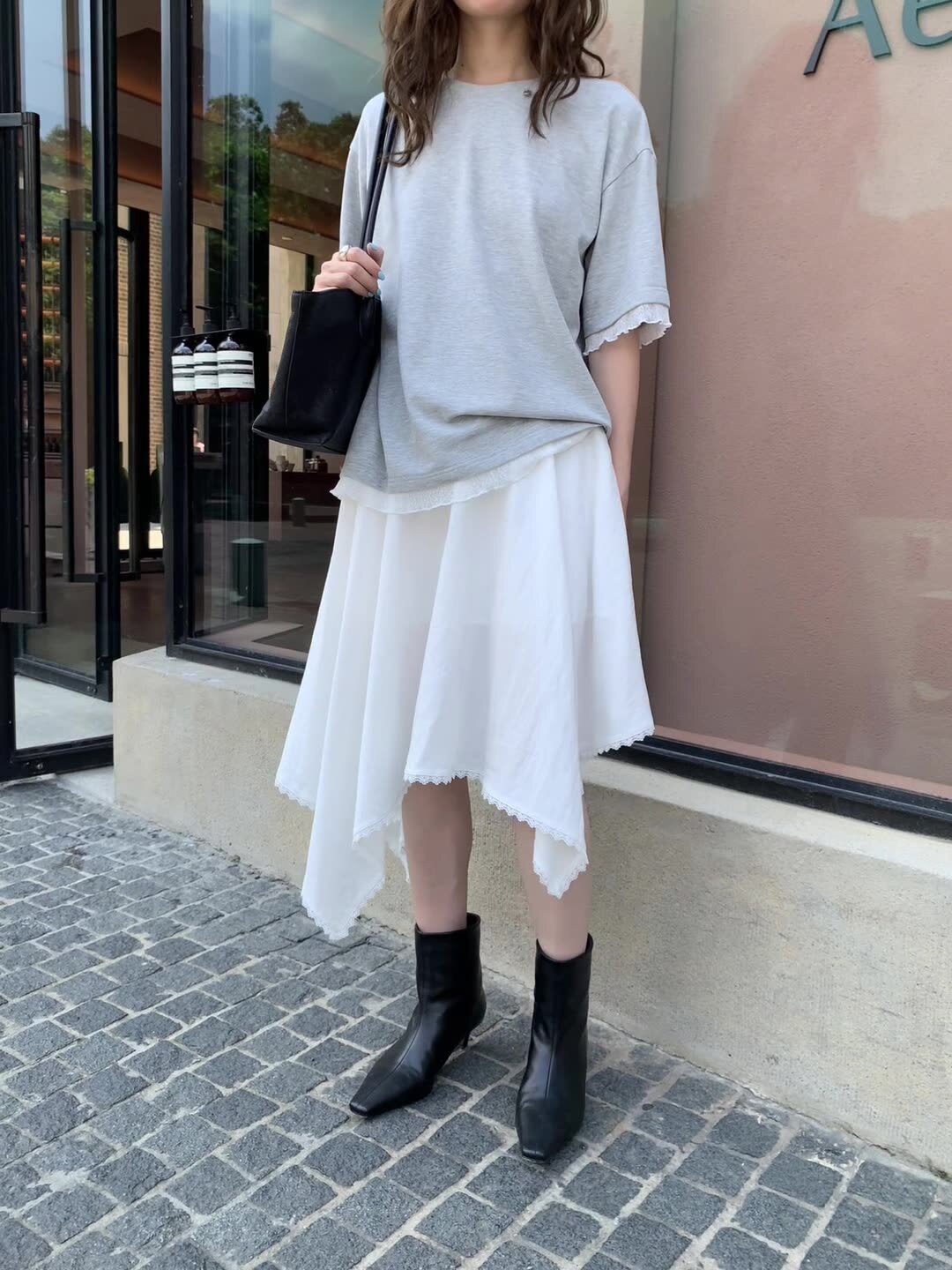 9W20 天絲棉花邊造型不規則長裙 兩色