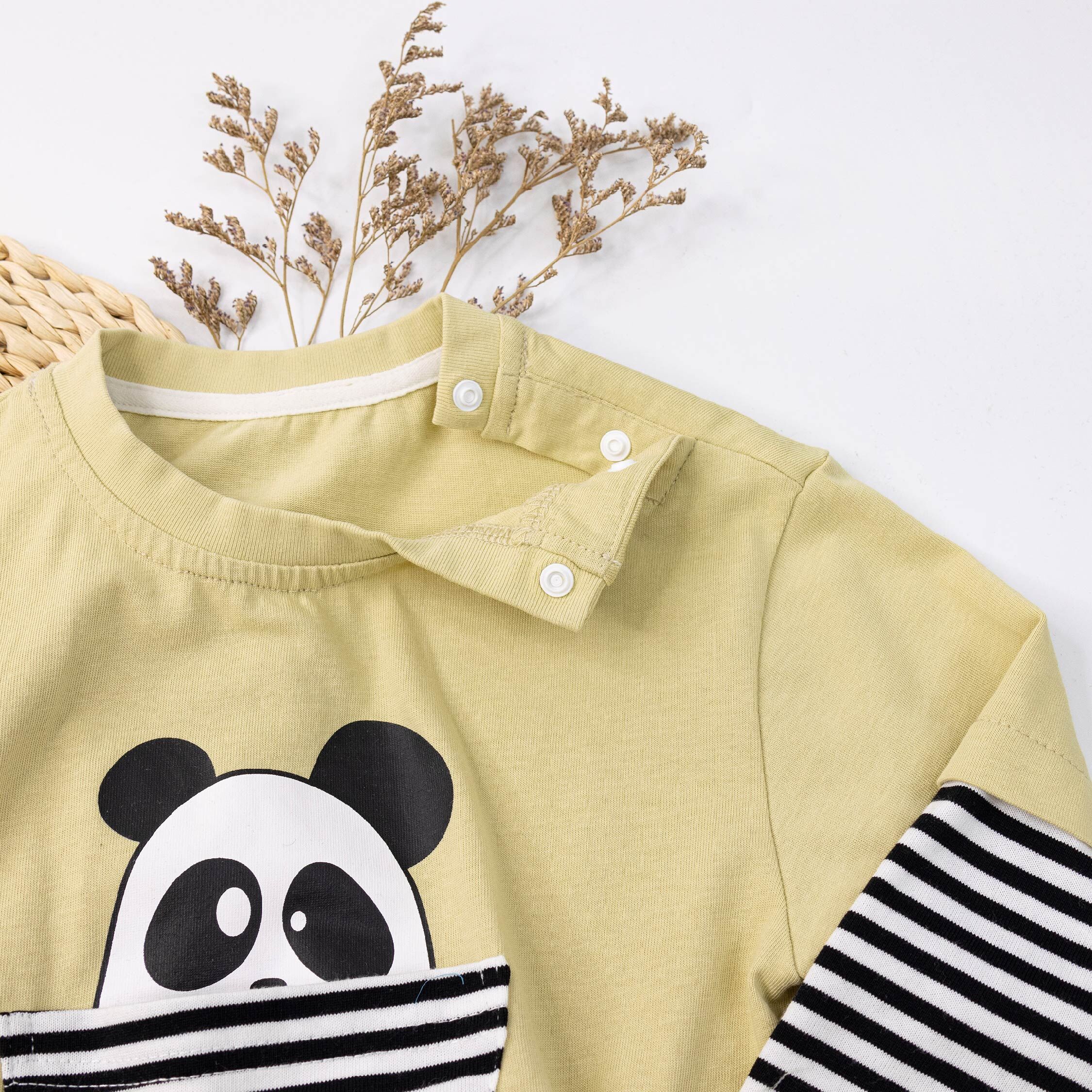 【H55360】熊貓造型口袋條紋拚袖上衣