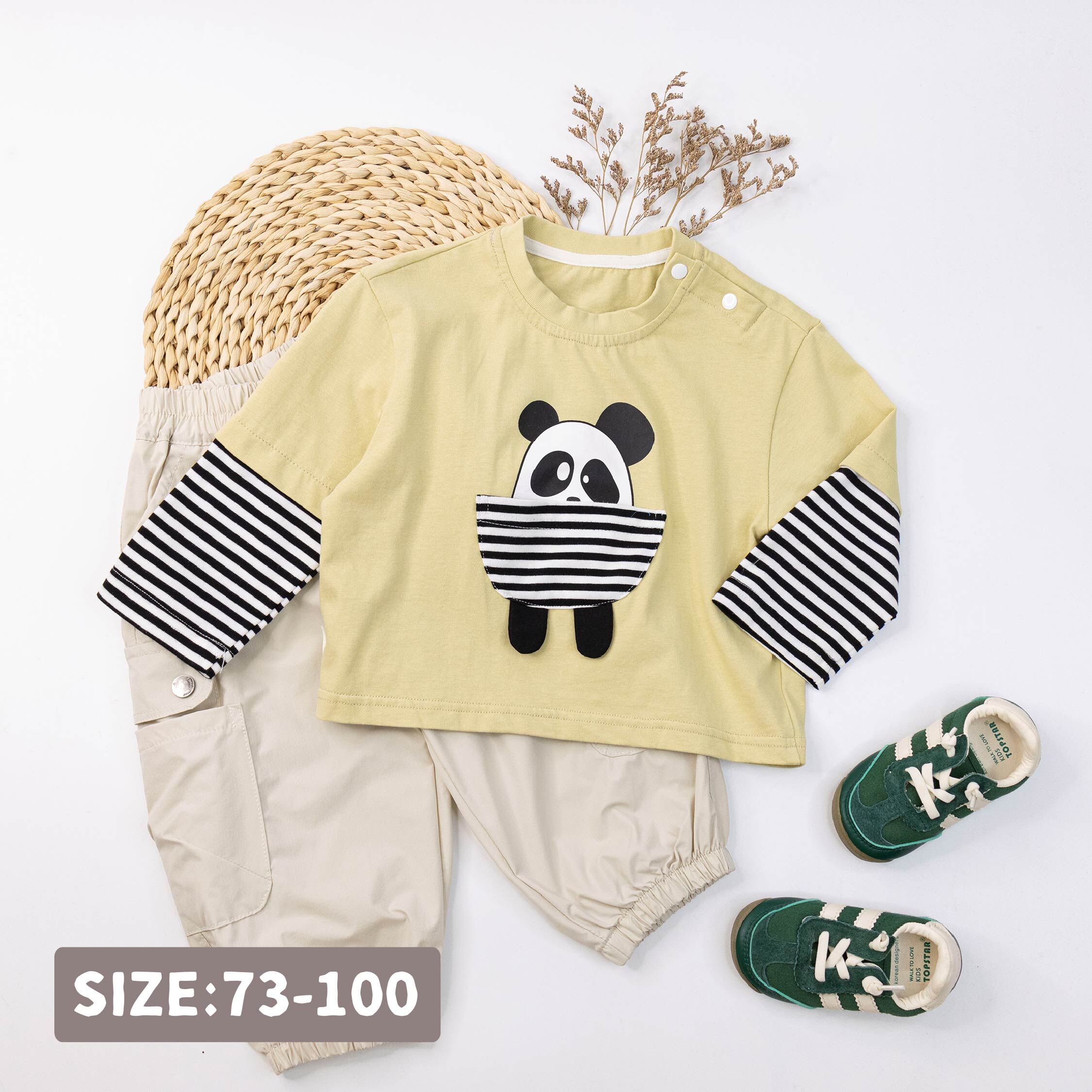 【H55360】熊貓造型口袋條紋拚袖上衣