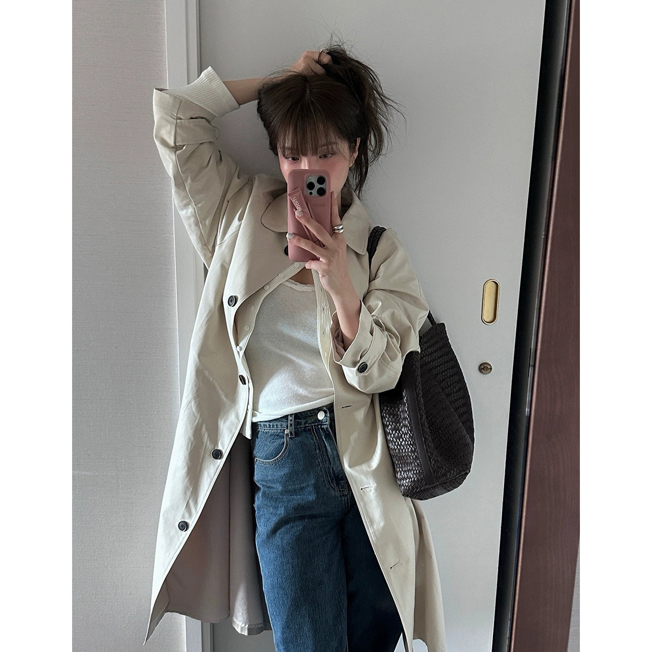 9W18 小立領經典排釦風衣外套 一色