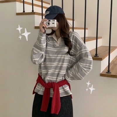 【優惠價預訂】韓國反領雙色間條鬆身長袖上衣（3色）