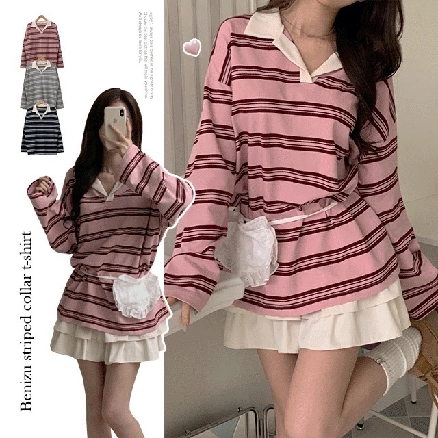 【優惠價預訂】韓國反領雙色間條鬆身長袖上衣（3色）