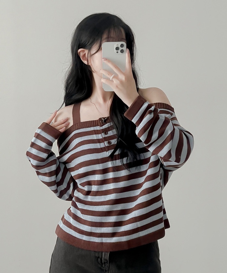 【優惠價預訂】韓國吊帶露肩間條針織上衣（4色）