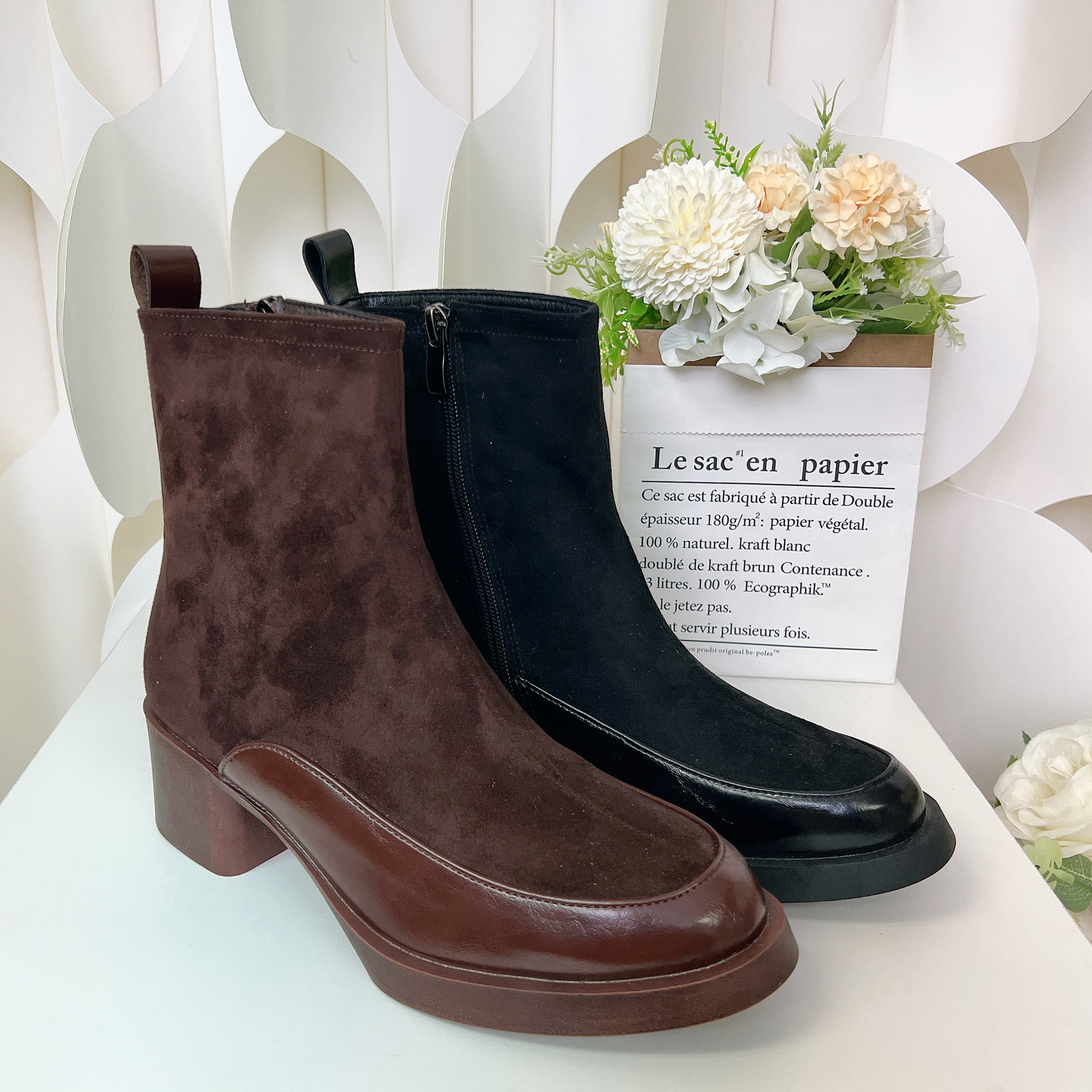 拉鏈皮革短靴(偏細一碼)(37碼)(後高約2") D8372 #2701