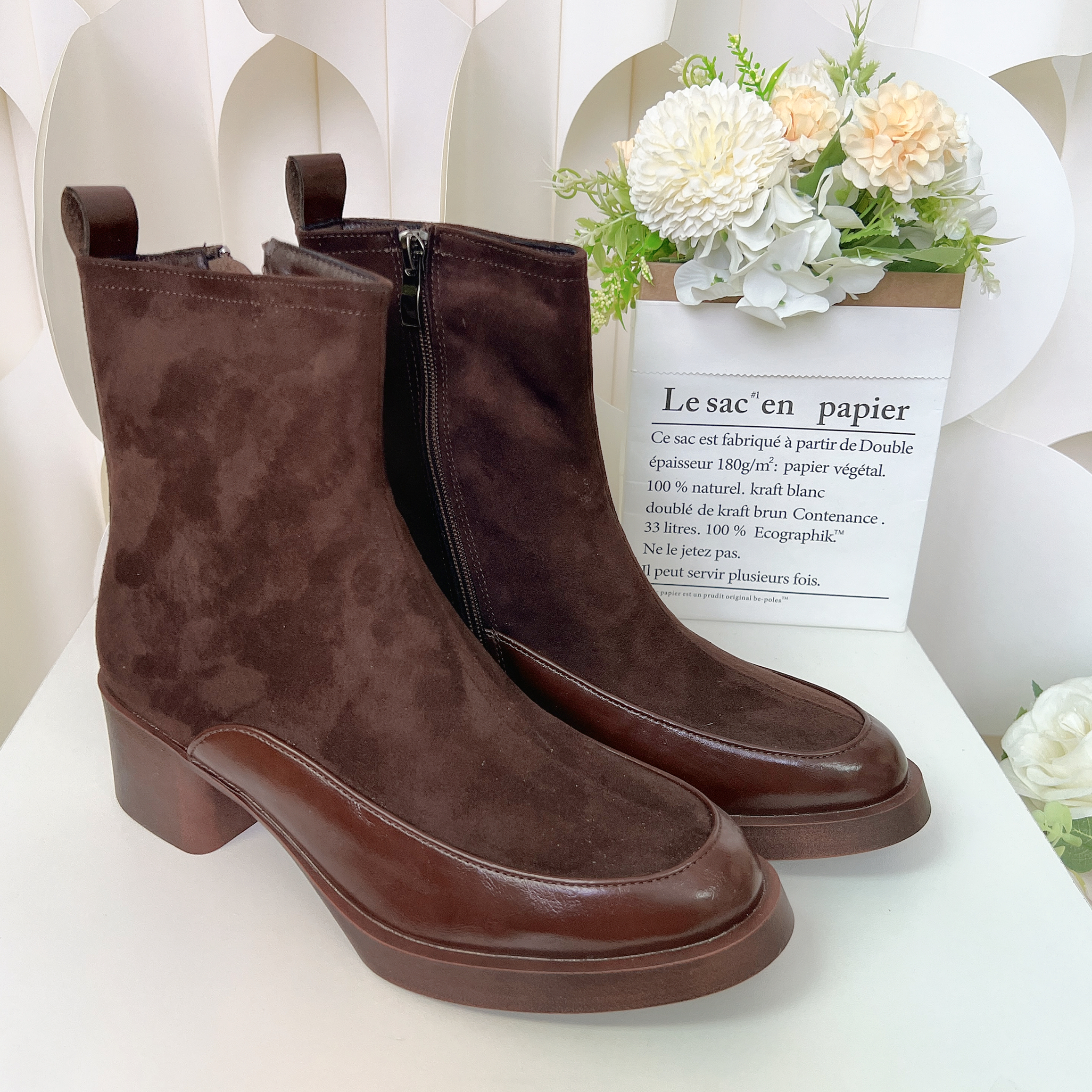 拉鏈皮革短靴(偏細一碼)(37碼)(後高約2") D8372 #2701