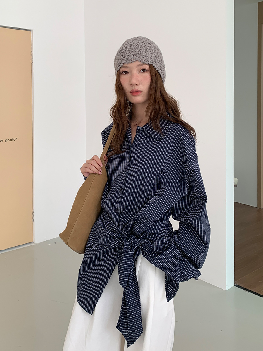 9W16 知性設計感綁帶條紋襯衫 三色