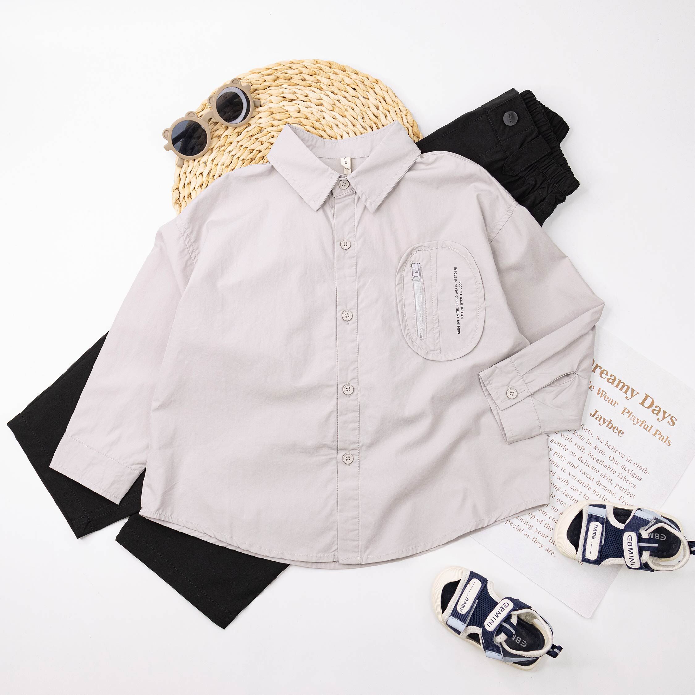 【H55357】質感英字拉鍊小口袋設計襯衫/上衣