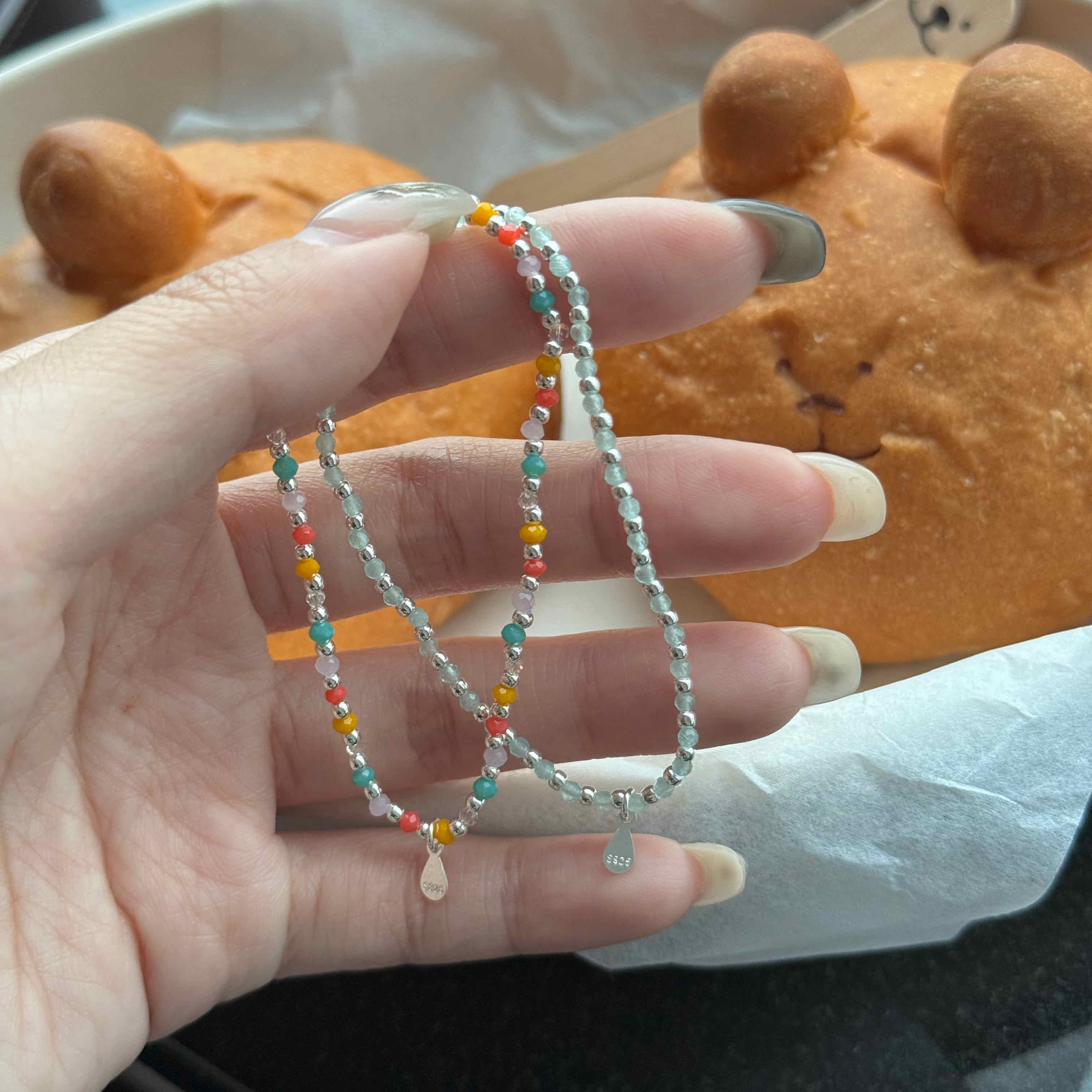 🇰🇷925 silver 繽紛湖水綠小珠珠手環