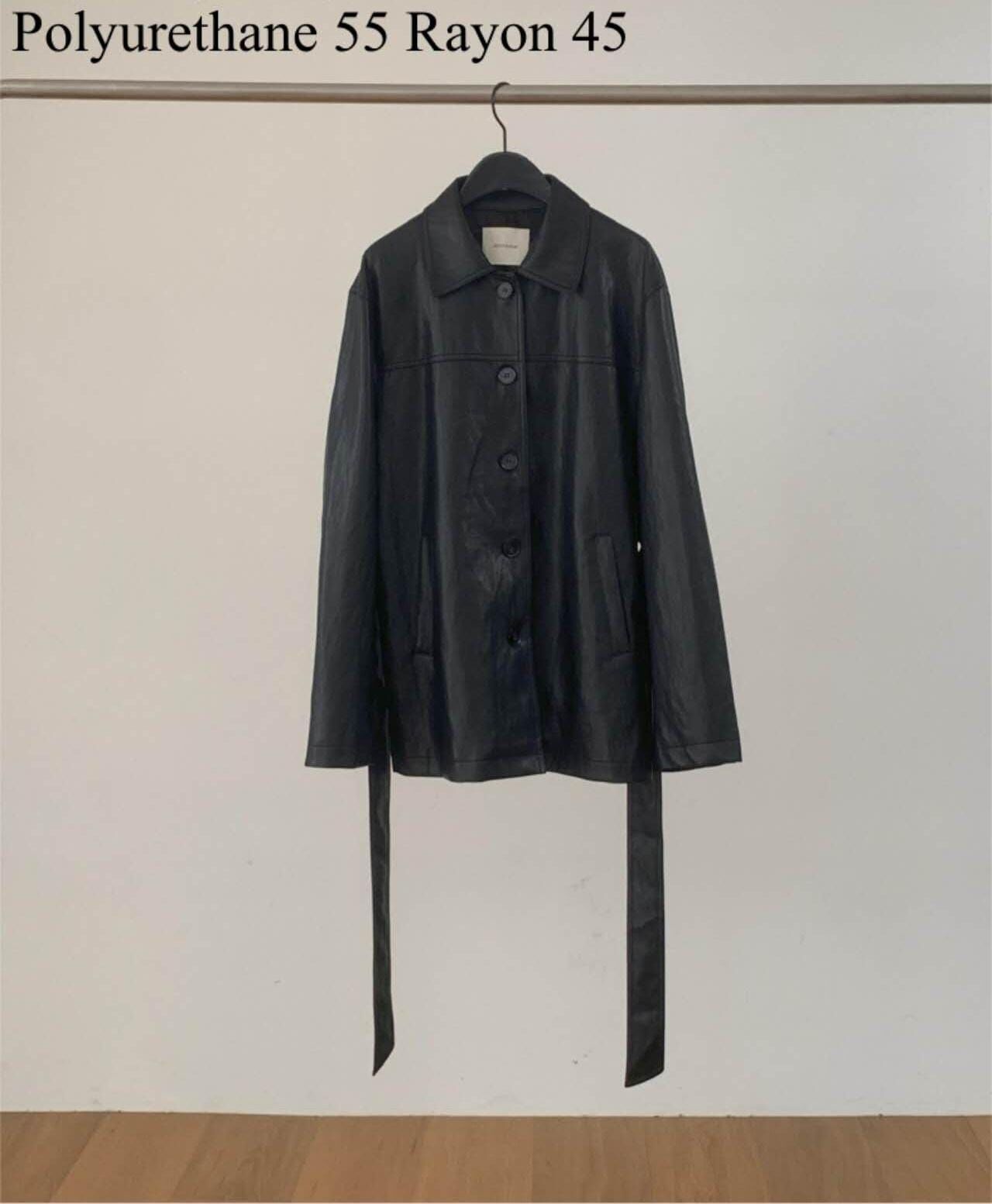 DR5055 後綁帶PU皮翻領排扣外套