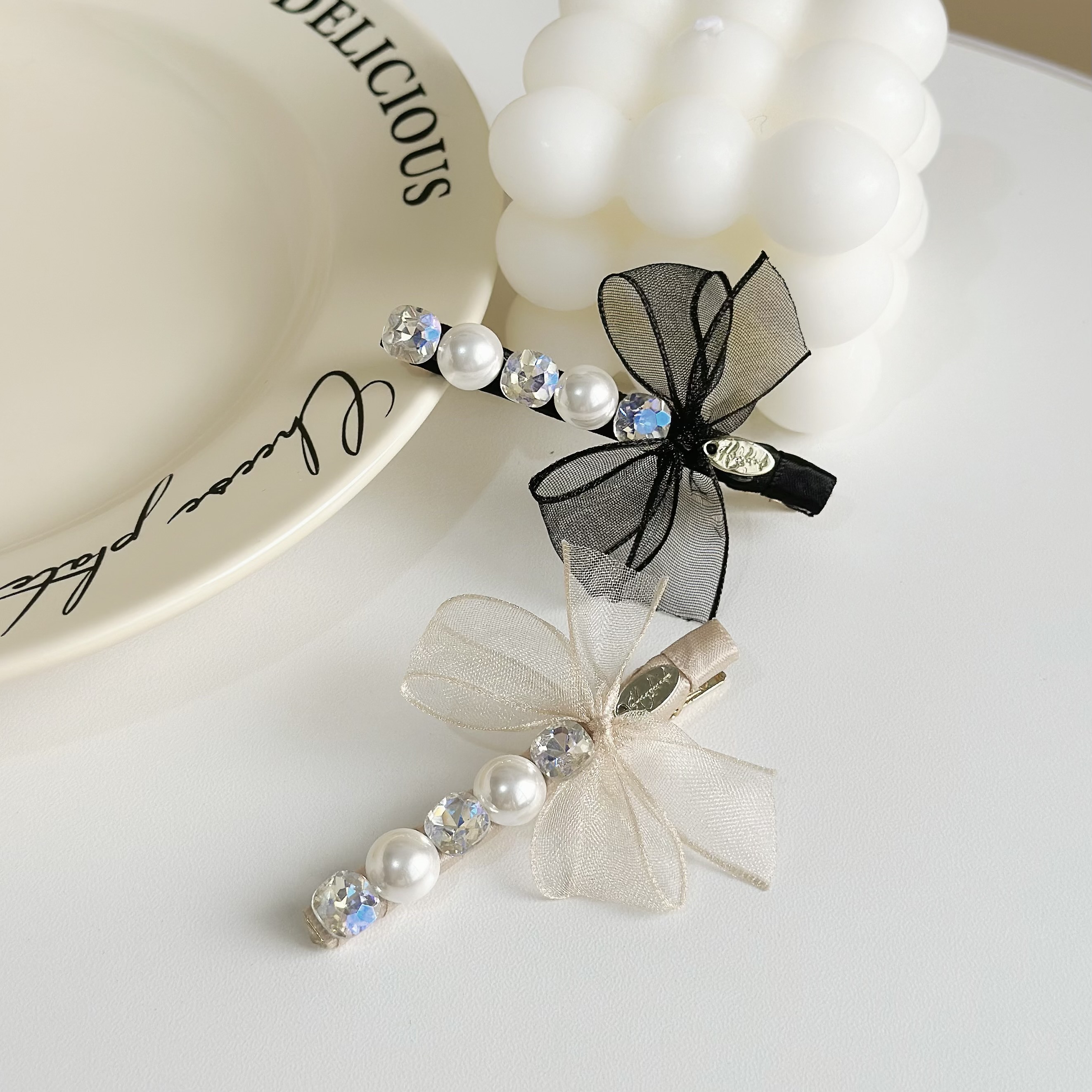 Z523珍珠水鑽網紗蝴蝶結壓夾【單支】