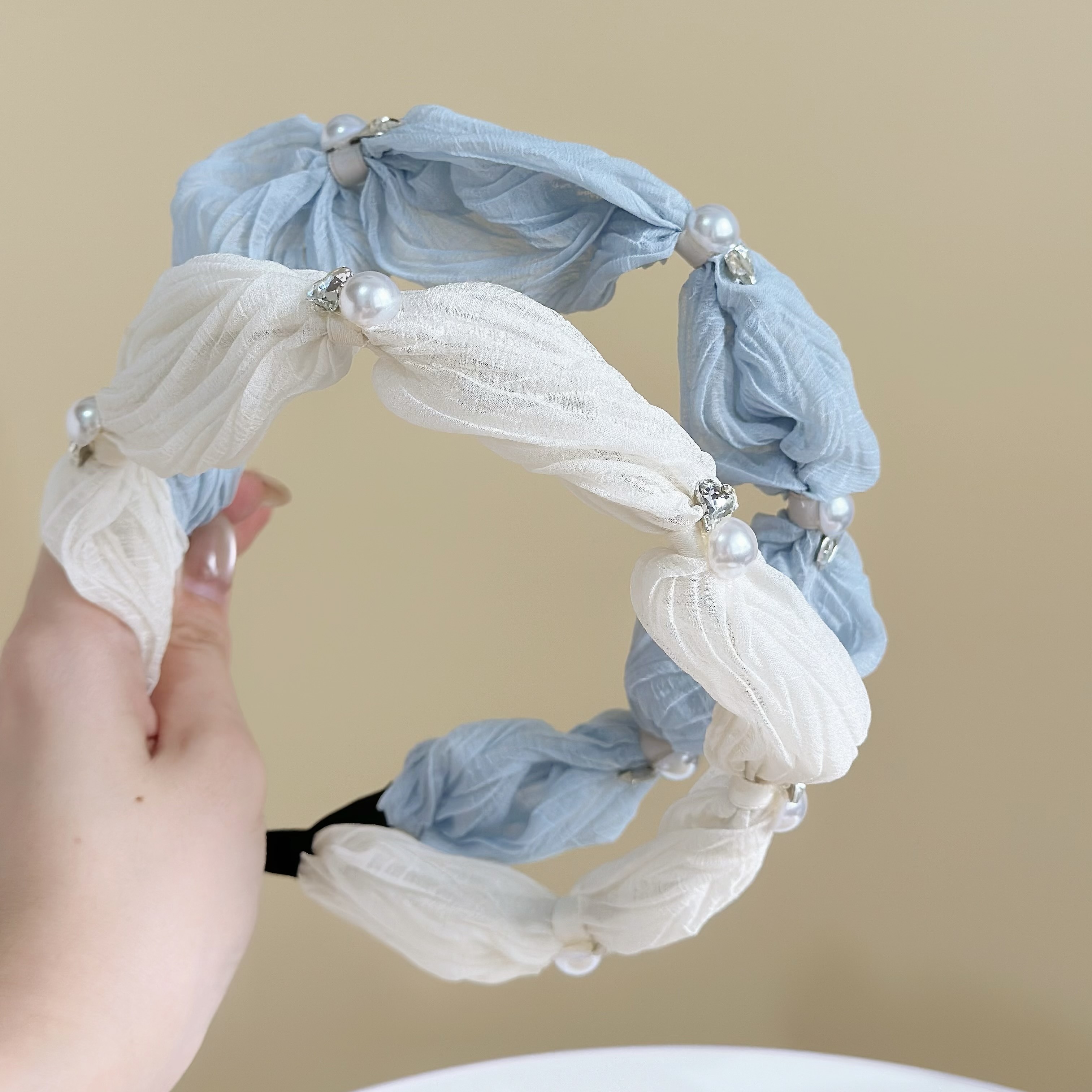 Z255水鑽珍珠木耳紋髮箍