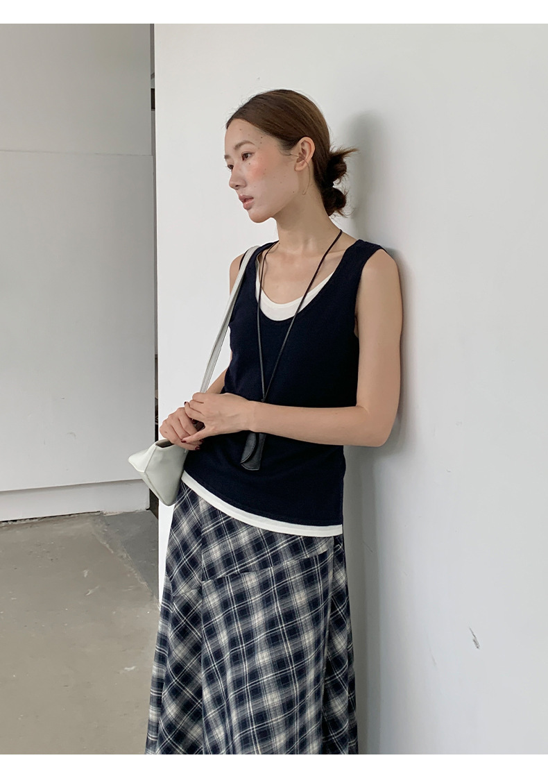 9W10 慵懶撞色層次感假兩件背心 五色