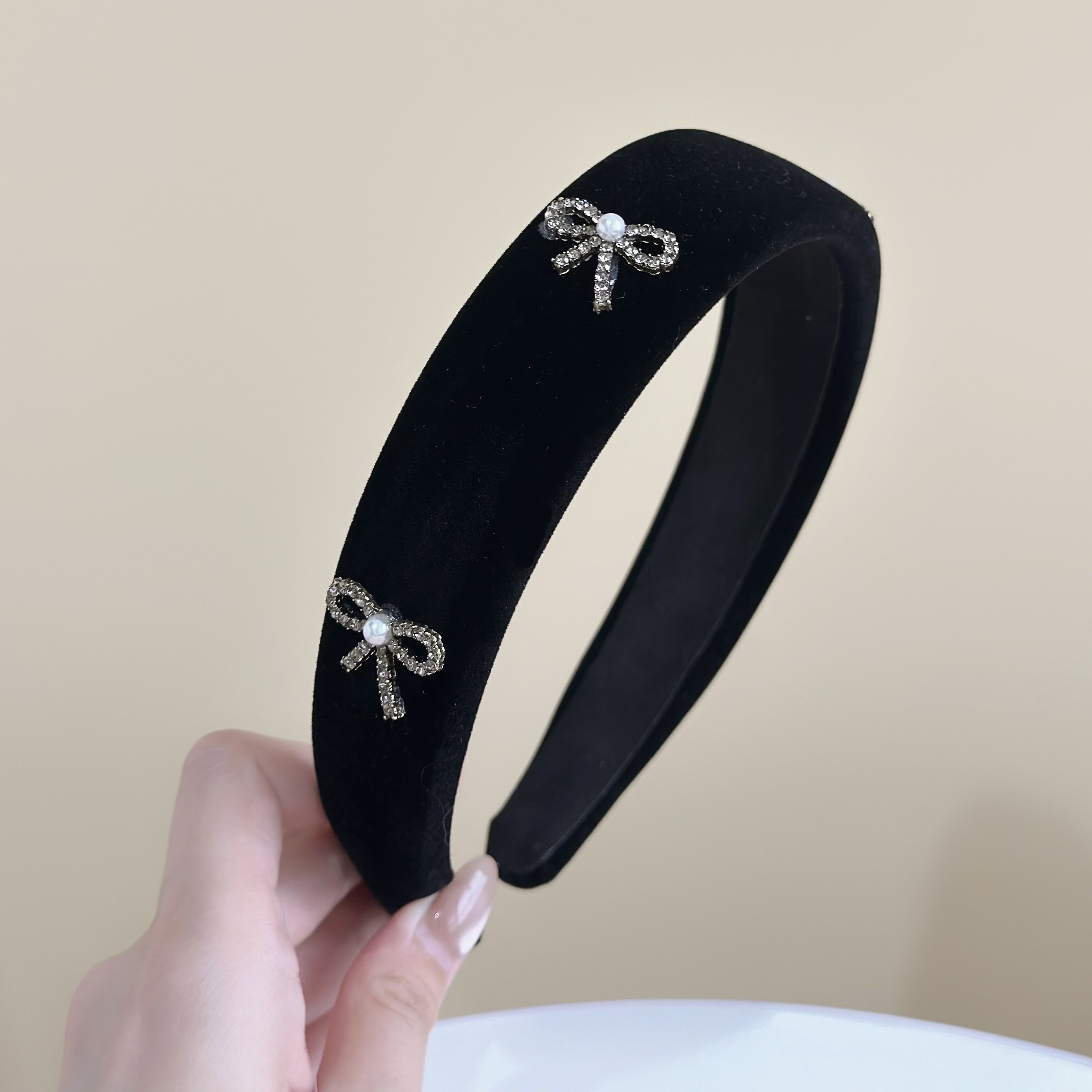 Z254排鑽珍珠蝴蝶結絨布髮箍