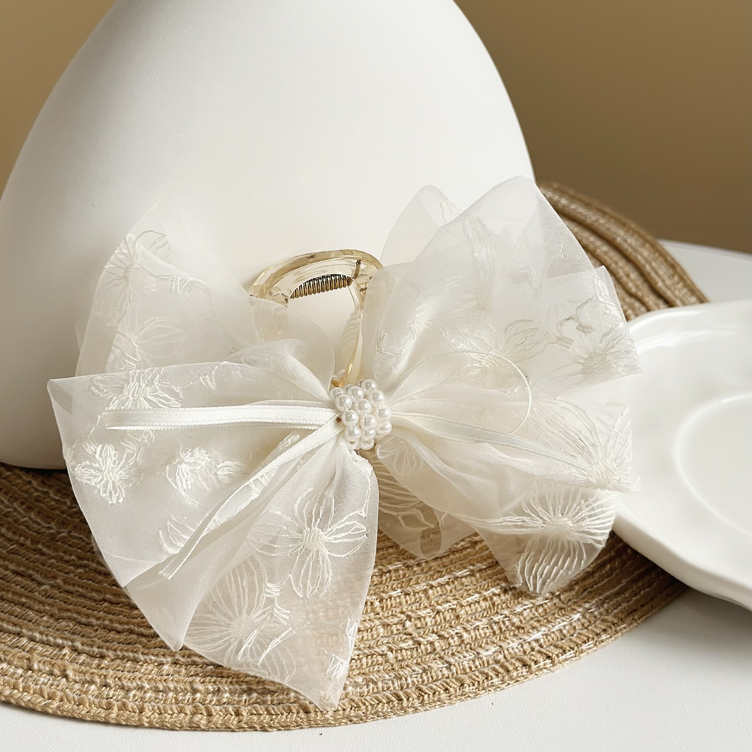 Y150網紗蕾絲花蝴蝶結珍珠鯊魚夾