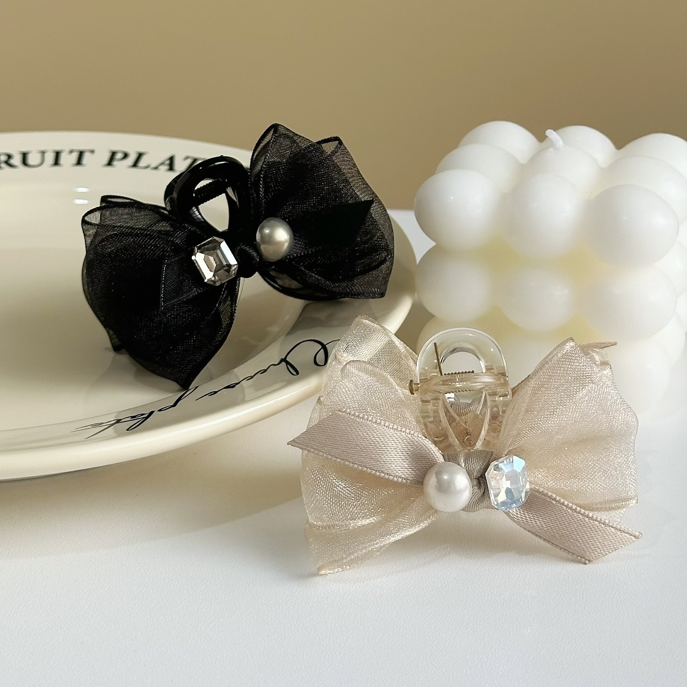 Z260方鑽珍珠網紗蝴蝶結半頭夾【單支】