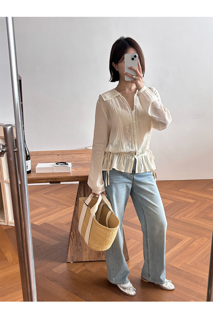 9W07 精緻感蕾絲綁帶翻領襯衫 一色