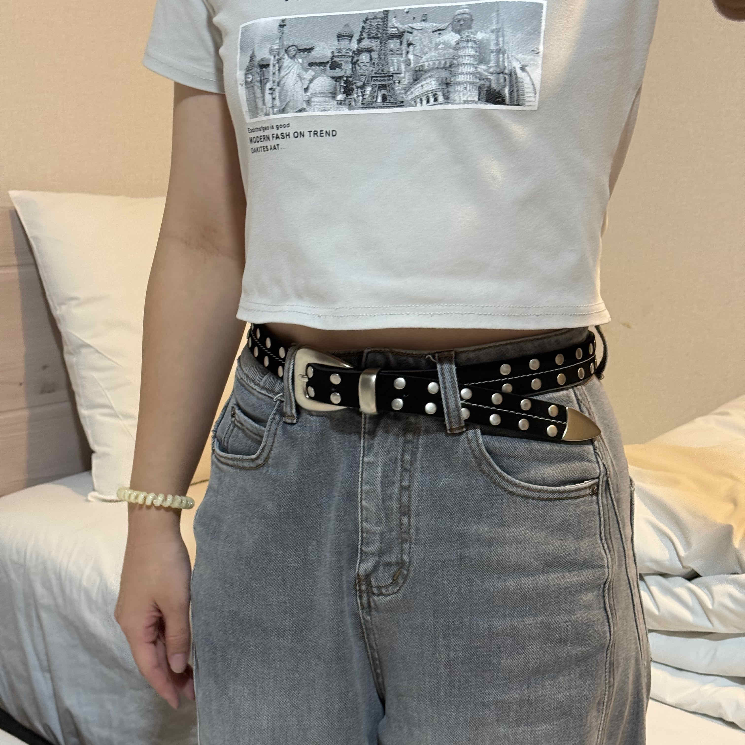 🇰🇷義大利牛皮 霧面鉚釘車線皮帶｜2 color