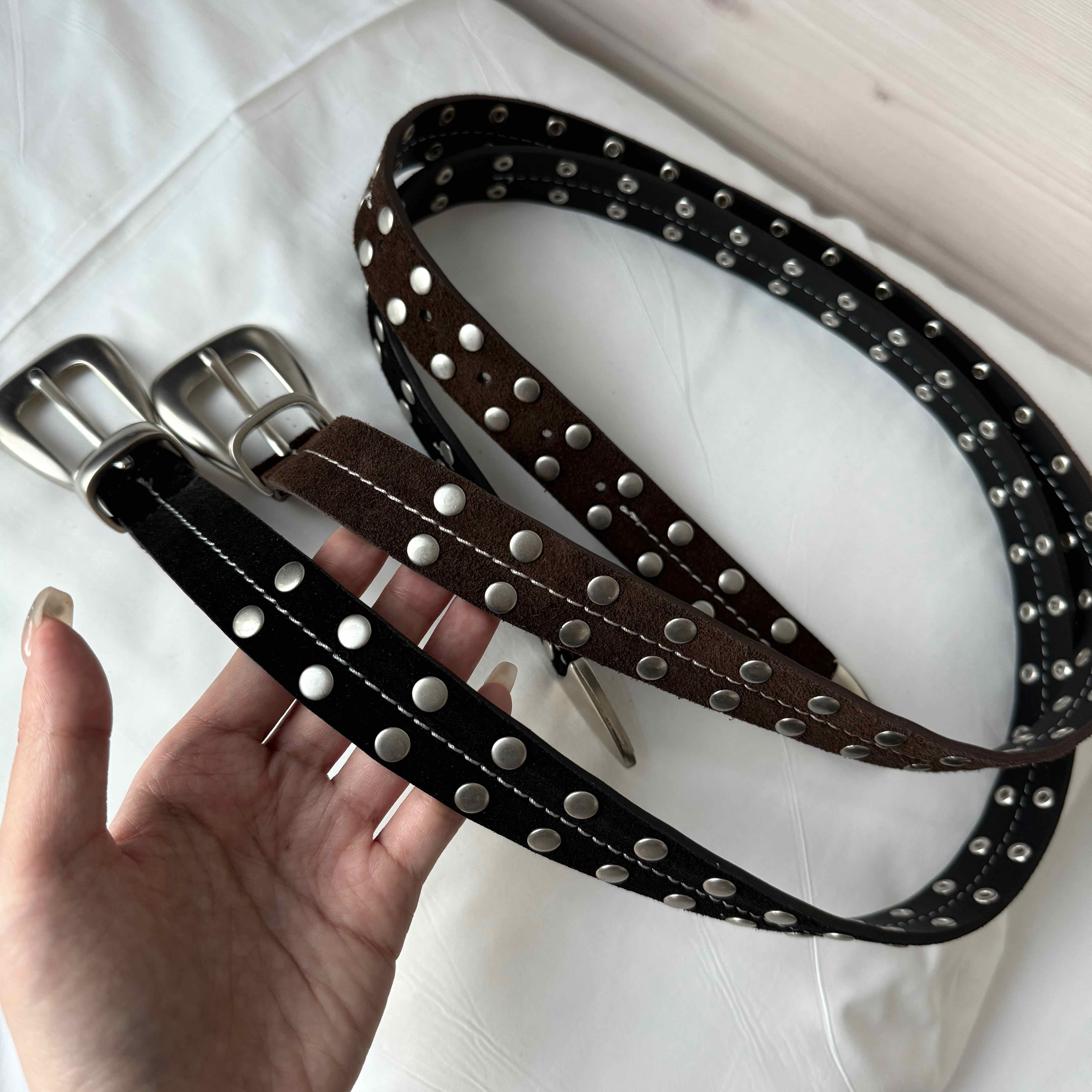 🇰🇷義大利牛皮 霧面鉚釘車線皮帶｜2 color