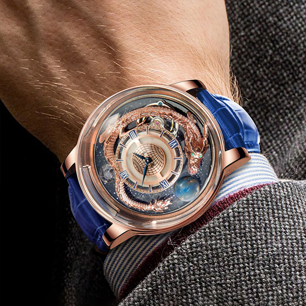 (預購)【GEYA 格雅】 G76220GHB 天體系列-手腕上的宇宙生物 自主旋轉龍錶盤 皮革手錶