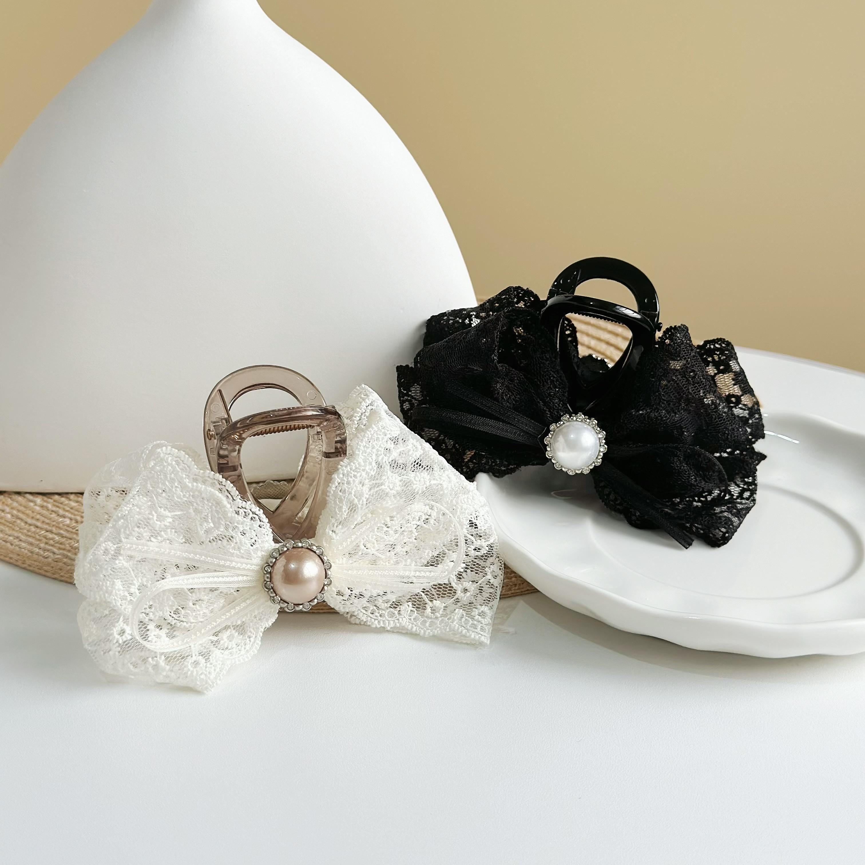 Z156排鑽珍珠蕾絲蝴蝶結中款鯊魚夾