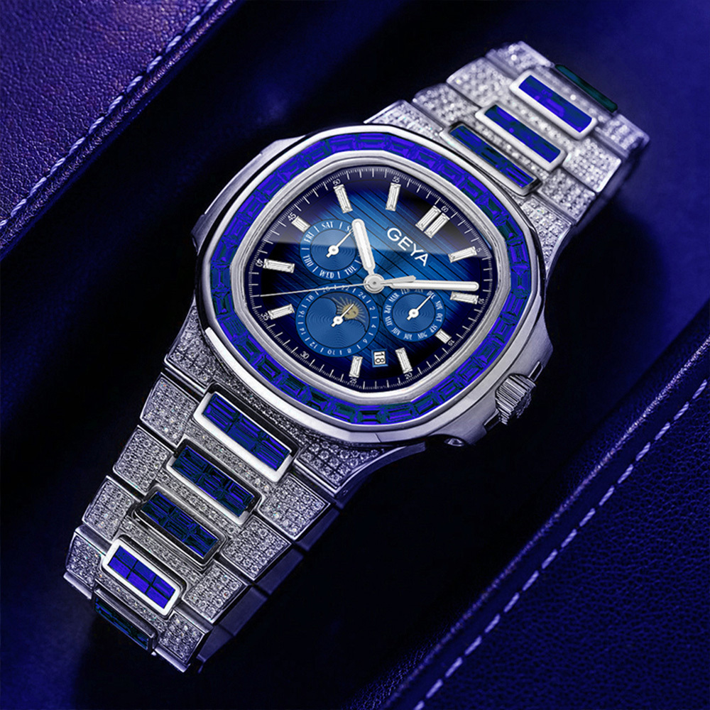【GEYA 格雅】 G78152 晶鑽錶殼錶圈 寶石軸承 夜光 真三眼 機械 不鏽鋼 手錶