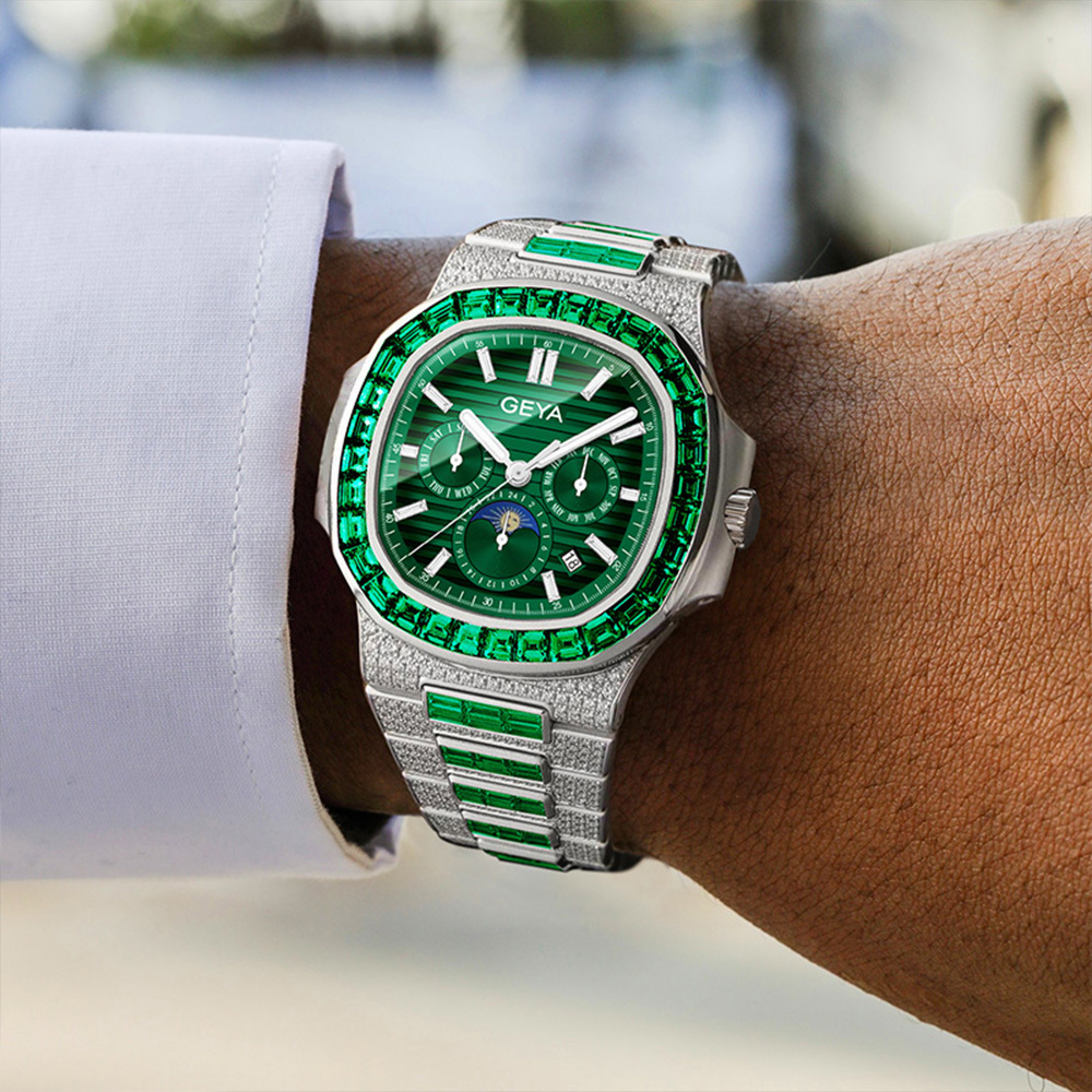 【GEYA 格雅】 G78152 晶鑽錶殼錶圈 寶石軸承 夜光 真三眼 機械 不鏽鋼 手錶