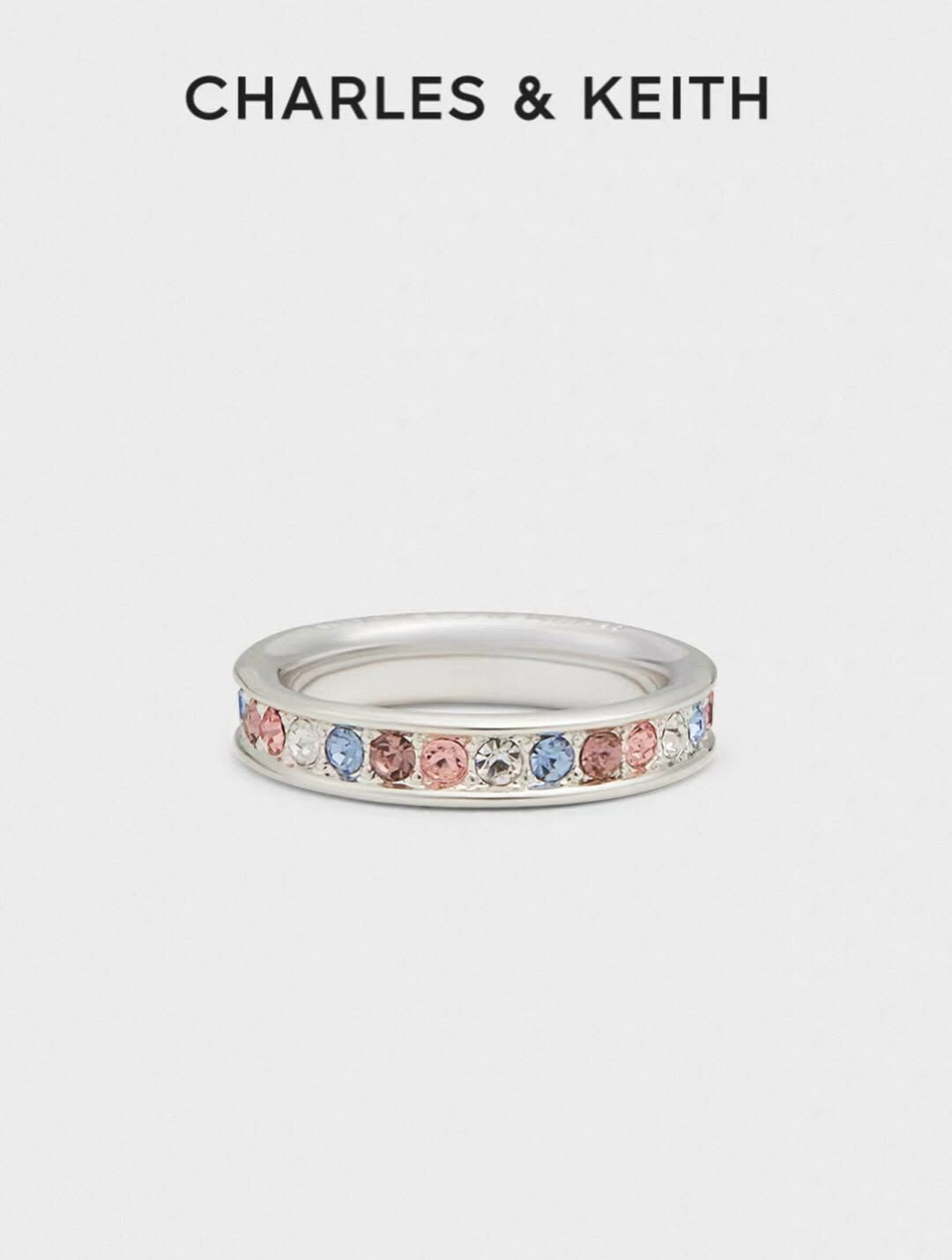 【現貨】Charles&Keith Maeve 彩鑽戒指 - 銀色 小CK