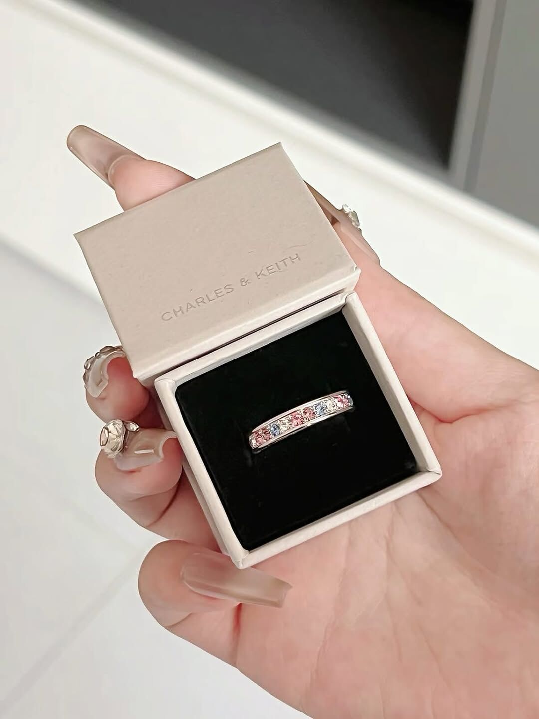 【現貨】Charles&Keith Maeve 彩鑽戒指 - 銀色 小CK