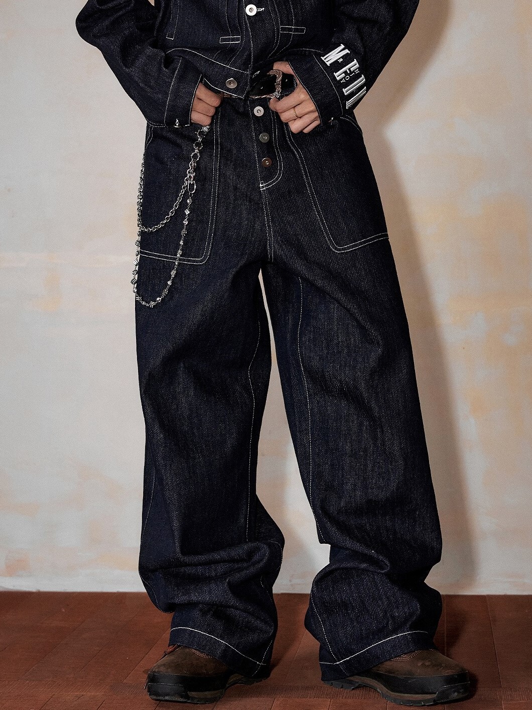 MEDM 原牛明線 闊腿 寬鬆牛仔長褲