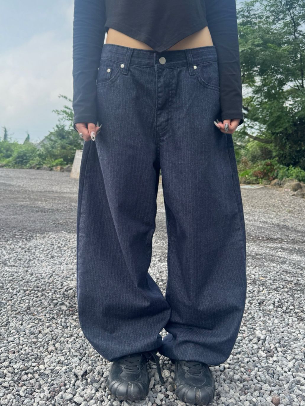 暗直紋鍋釘鬆身褲 Seeot-079P