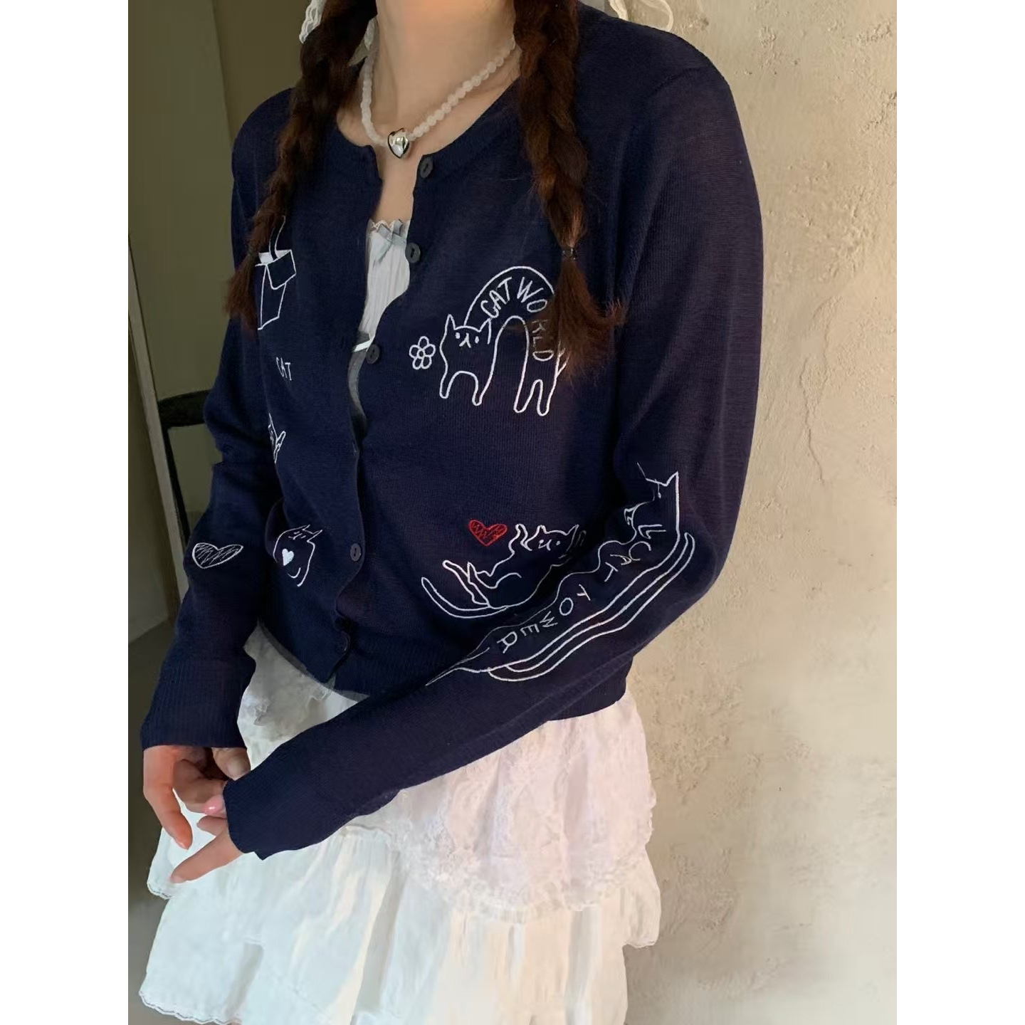 9W03 超Q手繪貓咪印花針織開衫 兩色