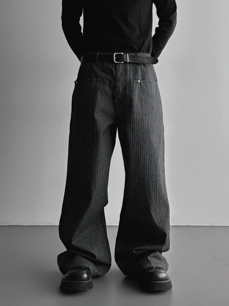 低口袋條紋休閒褲