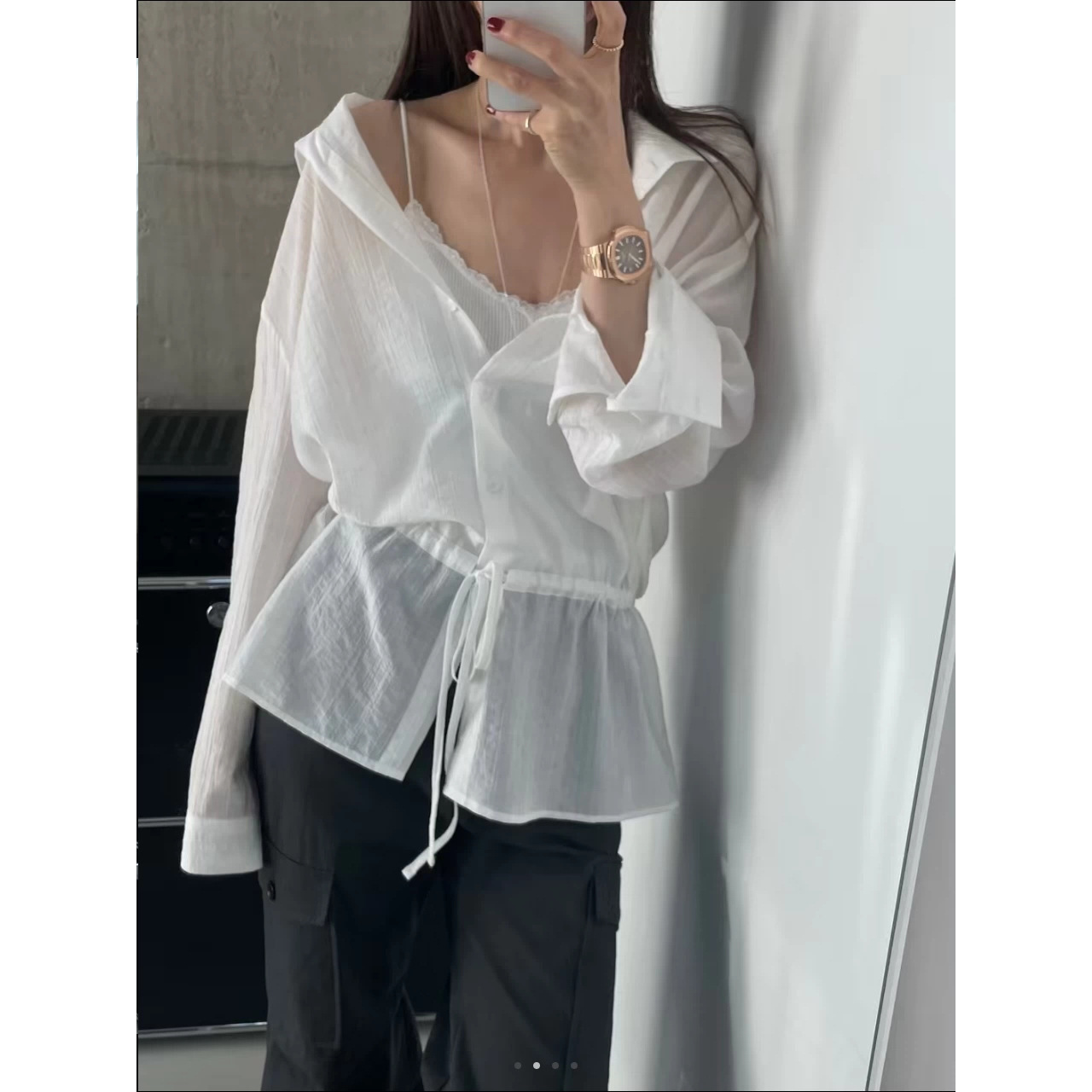 9W02 微透膚感直紋抽繩綁帶襯衫 兩色