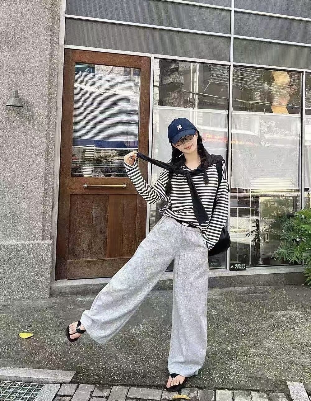 588 撞色褲頭彎刀闊腿棉褲