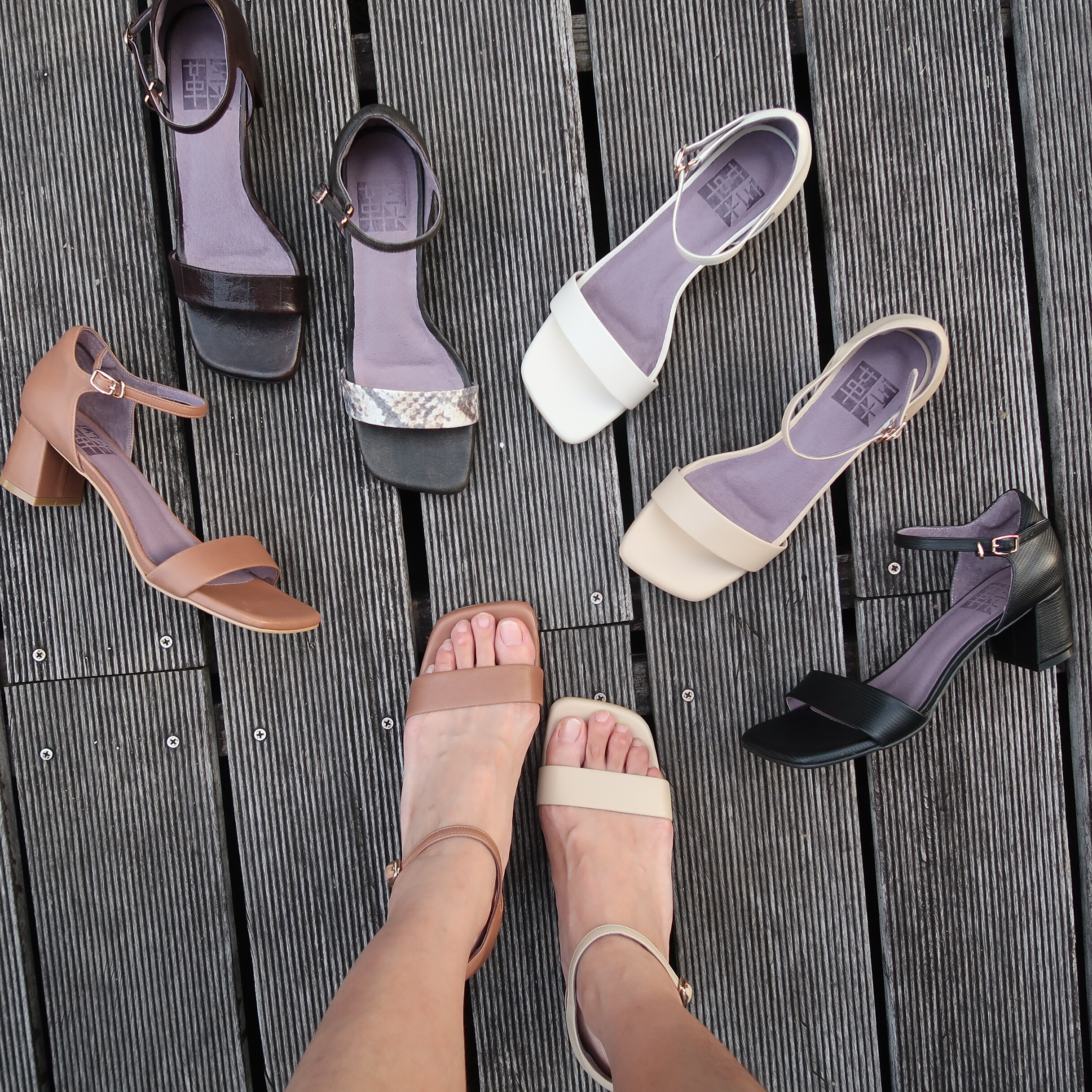 【氣質魔女】內外全真皮小羊皮梯形粗跟一字帶繞踝涼鞋