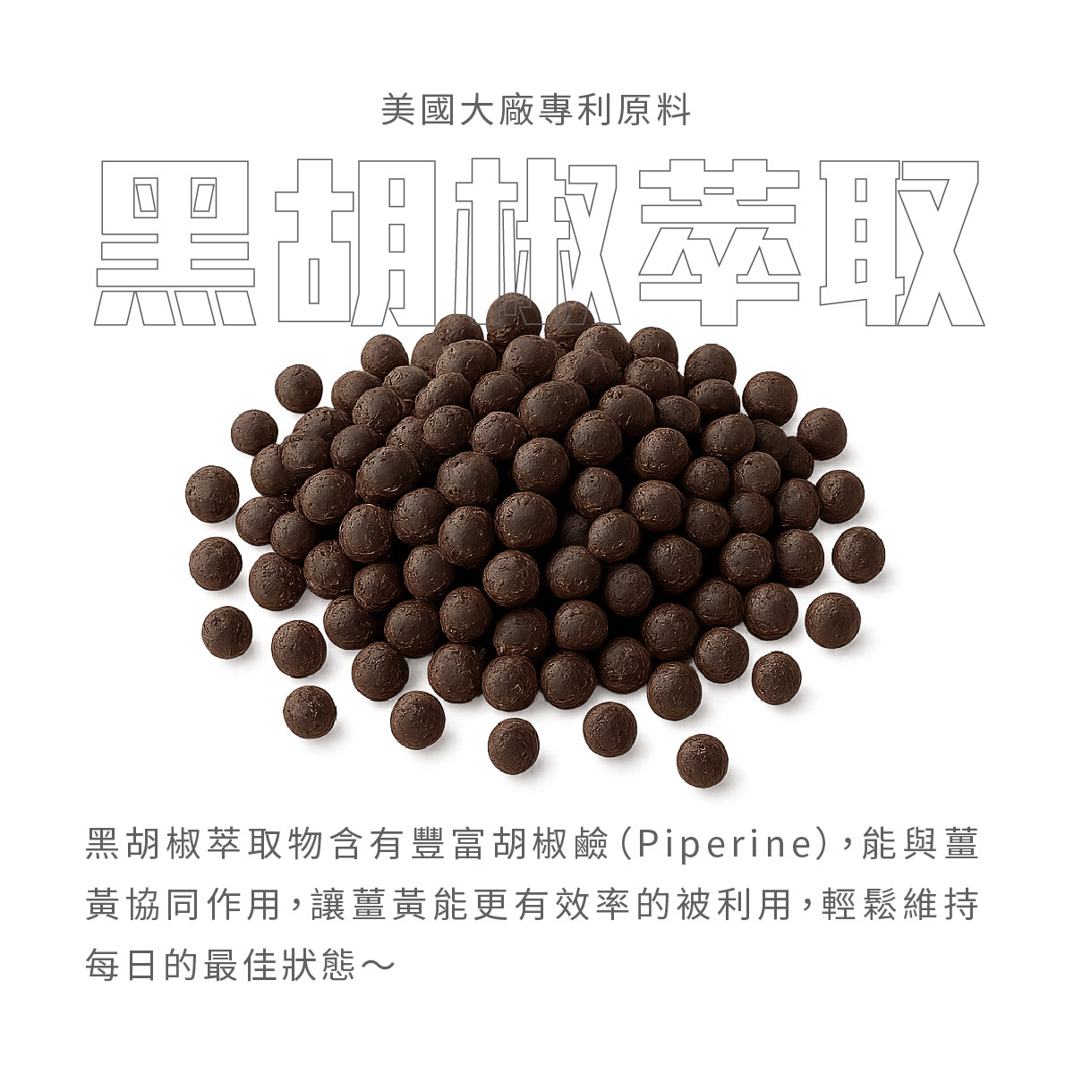 BIOPERINE®黑胡椒萃取物含有豐富胡椒鹼（Piperine），能與薑黃協同作用，讓薑黃能更有效率的被利用，輕鬆維持每日的最佳狀態～