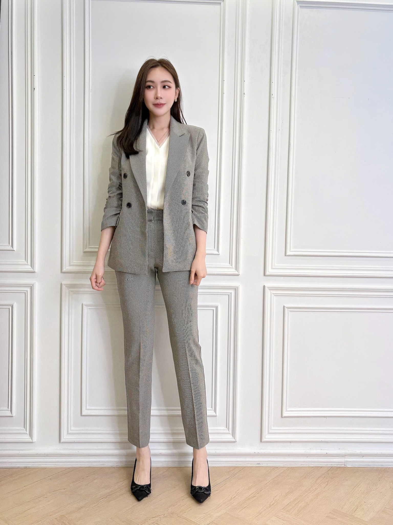 英倫風混色織紋西裝套裝-混灰